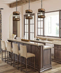 Retro Industrial Round Pendant Light Two Pack With Metal And Wood Farmhouse Chandelier 1 Light Cage Fixture in kitchen setting