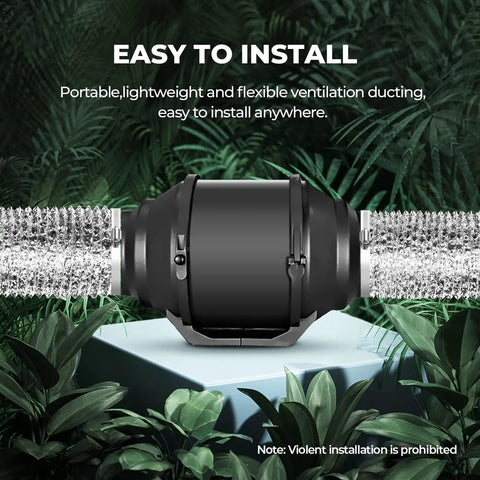Easy installation of Eight Pack 8 Inch Aluminum Flex Air Ducting 25 Feet Non Insulated Dryer Vent Hose shown with inline fan setup
