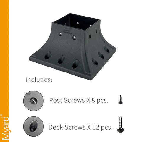 Nominal 4x4 Post Base Cover With Skirt Flange And Stainless Steel Screws For Deck Porch Railing Support Black Fits Actual 3.5 By 3.5 Inch Posts Easy Install No Extra Hardware Required and screws
