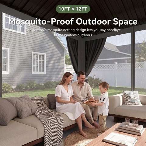 Family sitting in 10x12 Outdoor Gazebo With Double Galvanized Steel Roof, Rust Resistant Patio Pavilion, Ventilated Top, Breathable Netting And Privacy Curtains For Backyard Gray Built To Last.