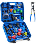 Boss Grade 34 Piece Coolant Vacuum Refill And Pressure Diagnostic Tester Kit With Universal Adapters, blue storage case with 34 parts.