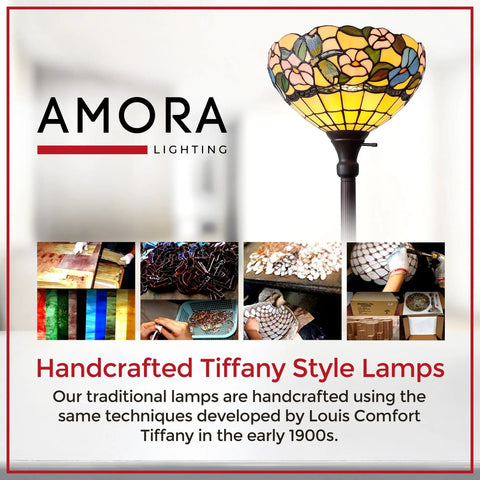 Handcrafted Tiffany style lamps with stained glass floral hummingbird design, Amora Lighting, highlighting traditional craftsmanship.