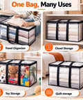 Heavy Duty Clear Storage Bins 2 Pack Extra Large Clothes Organizers With Lids shown as versatile bags for clothes, toys, and quilts.