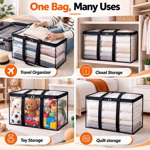Heavy Duty Clear Storage Bins 2 Pack Extra Large Clothes Organizers With Lids shown as versatile bags for clothes, toys, and quilts.