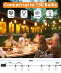 Remote Dimmable Outdoor String Lights, 50ft Run With 25+1 ST38 Edison Bulbs, 3 Color Modes shown over dining scene at night