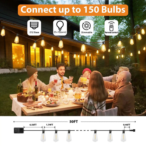 Remote Dimmable Outdoor String Lights, 50ft Run With 25+1 ST38 Edison Bulbs, 3 Color Modes shown over dining scene at night