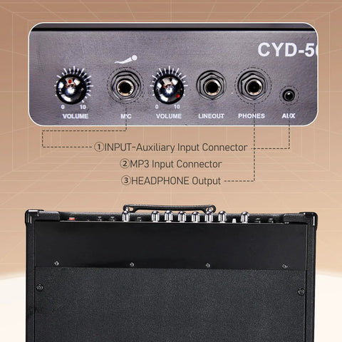 Input panel of 50W Electric Guitar Amp Combo With 10 Inch Speaker featuring volume controls and AUX, headphone jacks