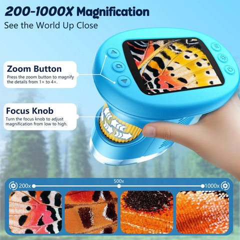 Awesome Kids Digital Microscope With 4K Clarity And 2.4 Inch Screen showcasing magnification on butterfly wing.