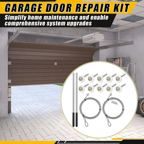 ElaraBerry Garage Door Repair Kit With 17 Inch Torsion Spring Winding Rods, 8 Ft Heavy Duty Cables, And Ten Smooth Nylon Rollers Featuring 6200 Zz Bearings For Quick Home Fixes. kit parts in garage with 10 rollers, 17 in rods, and 8 ft cables