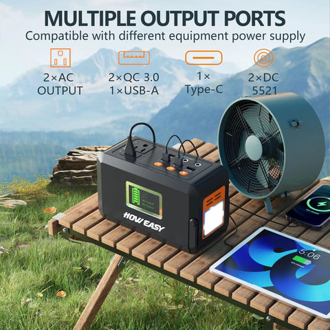 Portable Power Station 120W 240W Peak Solar Generator With 88Wh Battery on camping table with fan and tablet