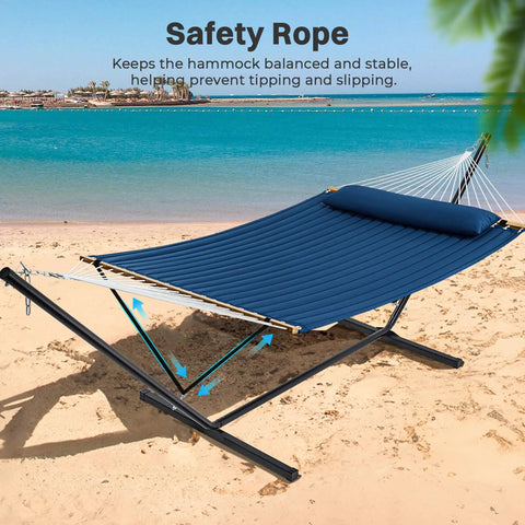 12Ft Two Person Quilted Outdoor Hammock With Stand Detachable Pillow And Bamboo Spreaders Chill Out Hammock Portable Navy Blue on beach