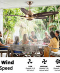 Group enjoying a meal under a 52" Plywood Modern Ceiling Fan with Light and Remote for Living Room Golden, showing wind speed options.