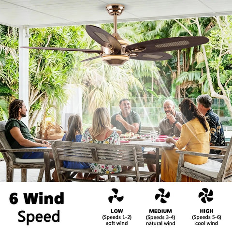 Group enjoying a meal under a 52" Plywood Modern Ceiling Fan with Light and Remote for Living Room Golden, showing wind speed options.