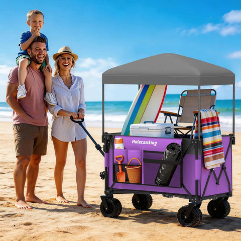 Heavy Duty Collapsible Wagon With Removable Sun Cover, All Terrain Big Wheels And Dual Brakes, Extra Large Grocery Cart In Purple