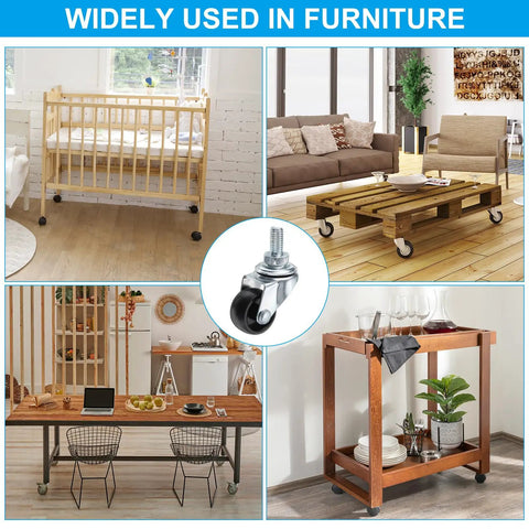 Heavy Duty Eight Pack Swivel Stem Casters 1 Inch Threaded Replacement Wheels For Wire Shelving Carts Built Tough used in various furniture setups.
