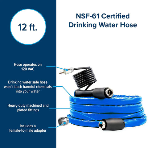 12 Foot Heated Drinking Water Hose With Freeze Protection Down To Minus 40 Degrees Energy Saving Thermostat coiled with adapter