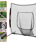 7x7 Baseball Practice Net With Steel Frame For Batting Hitting And Pitching Portable Softball Net For Training Carrying Bag Easy Setup Big Mouth Catch Area To Save Time Chasing Balls, shown with polyester net and steel base for stability.
