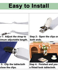Installation guide for Hidden Tablecloth Clips Set That Stays Put For Outdoor Tablecloths With Adjustable Nylon Straps And Metal Clip Ends.