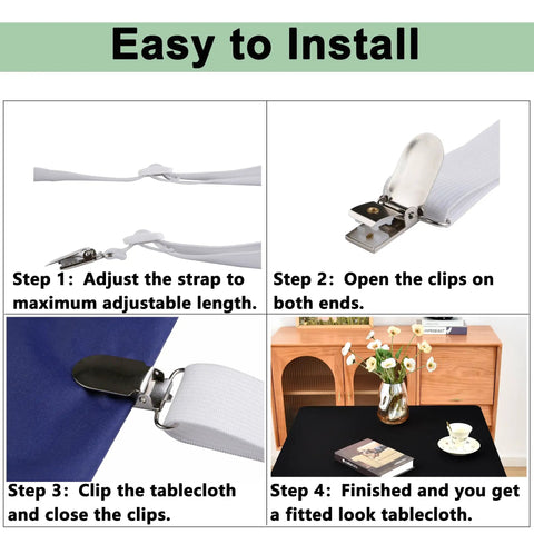 Installation guide for Hidden Tablecloth Clips Set That Stays Put For Outdoor Tablecloths With Adjustable Nylon Straps And Metal Clip Ends.