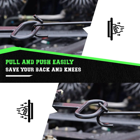Fifth Wheel Pin Puller 32 Inch Heavy Duty Solid Steel Chrome Plated With Hook For Easy Fifth Wheel Lock Release And Pin Extraction On Trailers Built Rugged For Quick One Person Operation No Crawling Under The Trailer, shown pulling fifth wheel pin