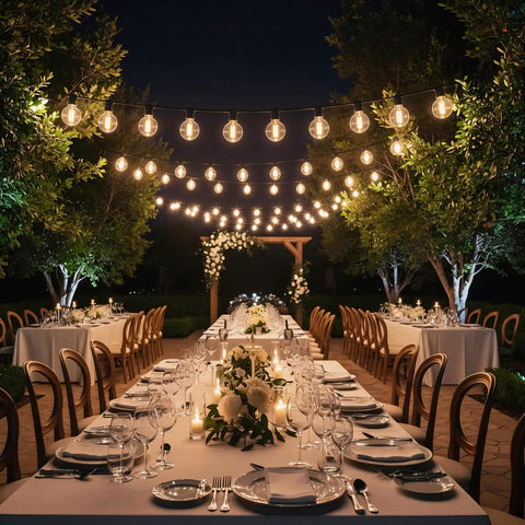 Elegant evening garden party with tables setup under 100 Ft Outdoor String Lights With Waterproof G40 Shatterproof LED Bulbs