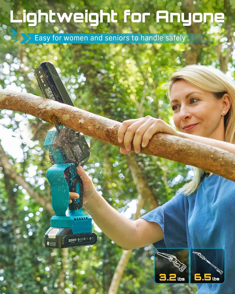 Go Higher Faster With This Slick Two In One Cordless Pole Saw That Transforms From Handheld Chainsaw To High Reach Tree Trimmer For Quick Pruning Effortless Branch Cutting And Zero Sweat Yard Work. A woman using a lightweight cordless pole saw on a branch outdoors.