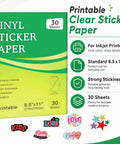 Premium Clear Printable Sticker Paper 30 Sheets 8.5x11 adhesive vinyl for inkjet printers, shown with design details and features.
