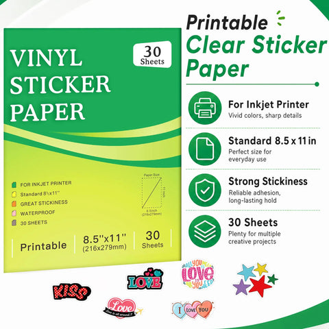 Premium Clear Printable Sticker Paper 30 Sheets 8.5x11 adhesive vinyl for inkjet printers, shown with design details and features.