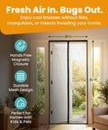 Magnetic Screen Door For Patio Fits 38 By 82 Inches, Bugs Out Breeze In, installed on a patio door, showing measurements and features.