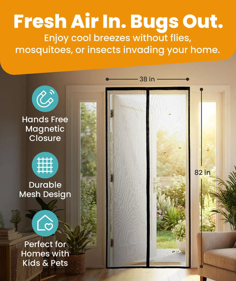 Magnetic Screen Door For Patio Fits 38 By 82 Inches, Bugs Out Breeze In, installed on a patio door, showing measurements and features.