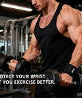 Weightlifter wearing wrist support brace for sports and training neoprene wrist wraps with thumb loops at gym.