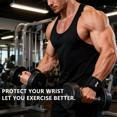 Weightlifter wearing wrist support brace for sports and training neoprene wrist wraps with thumb loops at gym.