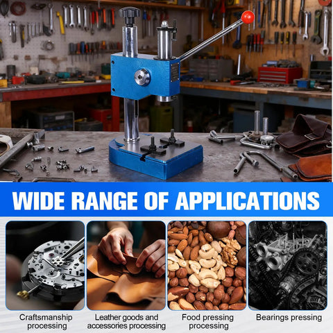 Heavy Duty Cast Iron Desktop Arbor Press Kit on a workbench, showcasing multiple accessories and uses in workshops.