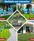 Four Pack Blue Glass Garden Torches 12 Oz Citronella Outdoor Lights 60 Inch Adjustable Height 3 Prong Grounded Stakes Patio Pathway Decor For Backyard Parties And Cozy Lit Evenings shown in various outdoor settings like terrace, porch, garden, and yard.