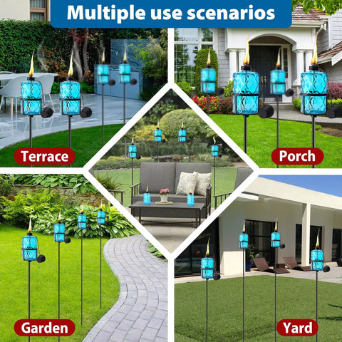 Four Pack Blue Glass Garden Torches 12 Oz Citronella Outdoor Lights 60 Inch Adjustable Height 3 Prong Grounded Stakes Patio Pathway Decor For Backyard Parties And Cozy Lit Evenings shown in various outdoor settings like terrace, porch, garden, and yard.