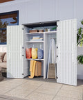Outdoor Resin Storage Shed With Floor And Metal Shelving Kit 64 Cu Ft Waterproof Vertical Cabinet For Garage Pool Bikes Garden Tools And Patio Furniture Four Door Design White No Fuss Easy Access open showing interior shelves with stored items