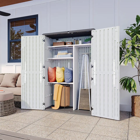 Outdoor Resin Storage Shed With Floor And Metal Shelving Kit 64 Cu Ft Waterproof Vertical Cabinet For Garage Pool Bikes Garden Tools And Patio Furniture Four Door Design White No Fuss Easy Access open showing interior shelves with stored items