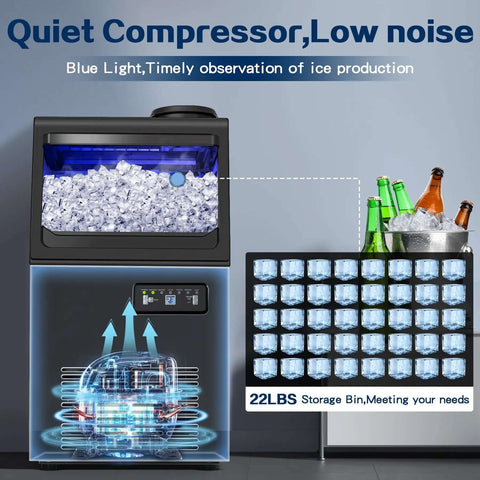 Commercial Ice Maker Delivers 110 Lbs Per Day With Quiet Operation For Home Bar Restaurant Or Coffee Shop Undercounter Or Freestanding Design With 22 Lb Storage And Stainless Steel Self Cleaning visible with ice, drinks in a storage bin.