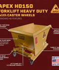 Built Tough 1.5 Yard Self Dumping Hopper With Smooth Rolling Casters And Six Thousand Pounds Capacity, yellow with caster wheels.