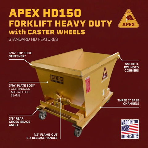 Built Tough 1.5 Yard Self Dumping Hopper With Smooth Rolling Casters And Six Thousand Pounds Capacity, yellow with caster wheels.