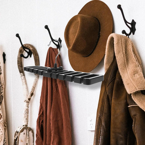 Set Of 2 Black Mens Belt And Tie Hangers To Keep Your Closet Swag On Point Multi Slot Hook Rack For Scarves on wall with hats and coats.