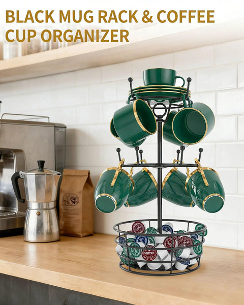 Dope 360 Degree Rotating Mug Holder Tree With Ten Hooks, a three-tier black rack on countertop with green mugs and coffee pods.