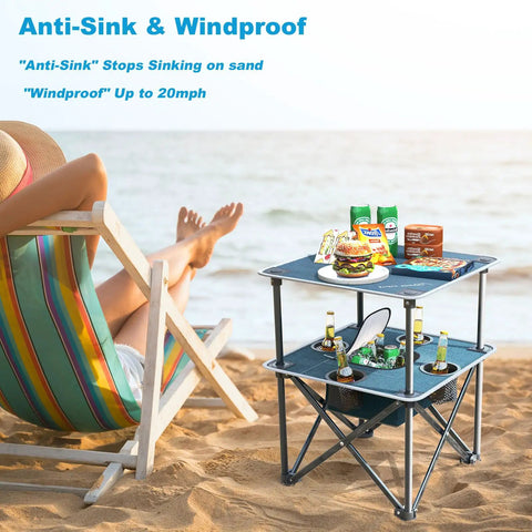 Folding Beach Table For Sand Camping With Insulated Cooler Storage And Four Cup Holders Portable Pop Up Picnic Table Lightweight Outdoor Side Table For Outdoor Use on beach sand with items