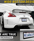 Rear view of white sports car with Matte Black License Plate Frames 2 Pack Dope Quality Rust Free Stainless Steel Rattle Free Universal Fit.