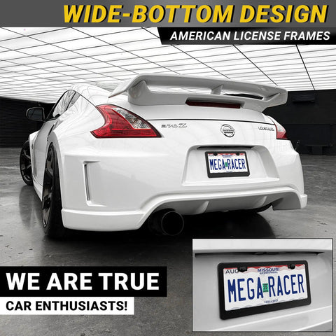 Rear view of white sports car with Matte Black License Plate Frames 2 Pack Dope Quality Rust Free Stainless Steel Rattle Free Universal Fit.
