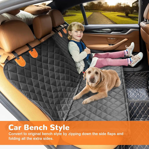 Heavy Duty Waterproof Dog Car Seat Cover Hammock With Side Flaps For Easy Entry, shown as bench style with child and dog