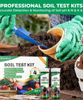 Gardener using At Home Soil Test Kit for Lawns and Gardens, 40 Tests, container and gloves visible, soil sampling in progress