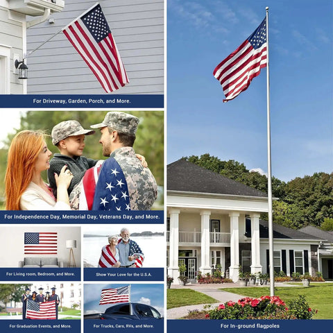 Tough As Nails 3x5 Ft US Flag For High Winds 420D Polyester With Brass Grommets Embroidered Stars And Sewn Stripes Tear Proof Outdoor Flag Ideal For Year Round Weather Resistant Display, displayed on flagpoles and various settings.