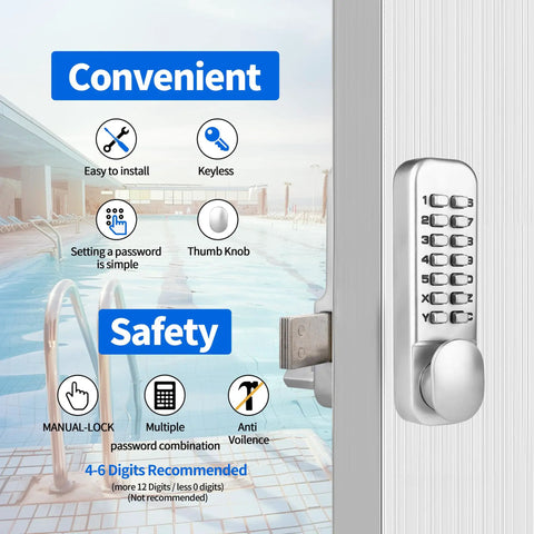 Keyless Combo Door Lock MX250 Surface Mount Deadbolt In Satin Chrome For 1 3 Eighths To 2 Inch Doors shown by poolside