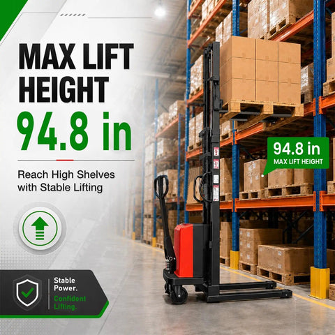 Super Heavy Duty Semi Electric Pallet Stacker With A Killer 3300 Pound Lift Capacity And Nine Foot Four Inch Vertical Reach showing max lift height of 94.8 inches in a warehouse.